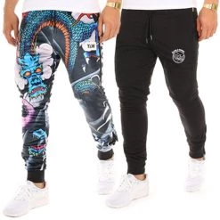 Bon marché 👍 Pantalon Jogging Reversible Dragon Noir Bleu Marine de Y et W ⌛